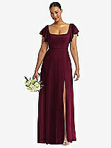 Front View Thumbnail - Cabernet Flutter Sleeve Scoop Open-Back Chiffon Maxi Dress