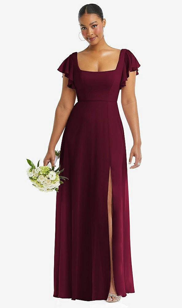 Front View - Cabernet Flutter Sleeve Scoop Open-Back Chiffon Maxi Dress