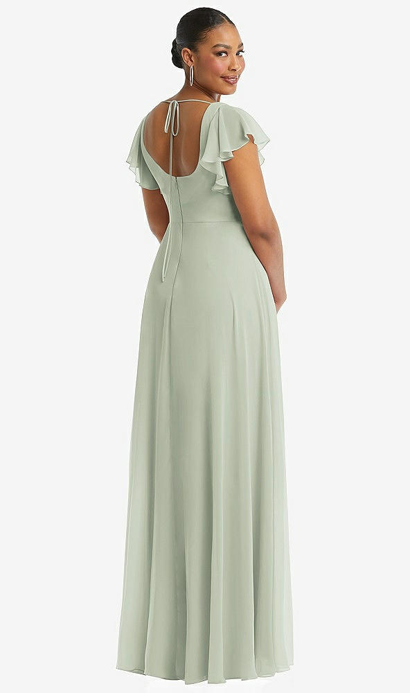 Back View - Celadon Flutter Sleeve Scoop Open-Back Chiffon Maxi Dress