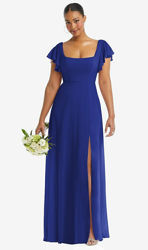 Front View - Cobalt Blue Flutter Sleeve Scoop Open-Back Chiffon Maxi Dress