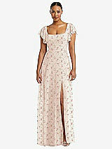 Alt View 1 Thumbnail - Coquette Floral Print Flutter Sleeve Scoop Open-Back Chiffon Maxi Dress