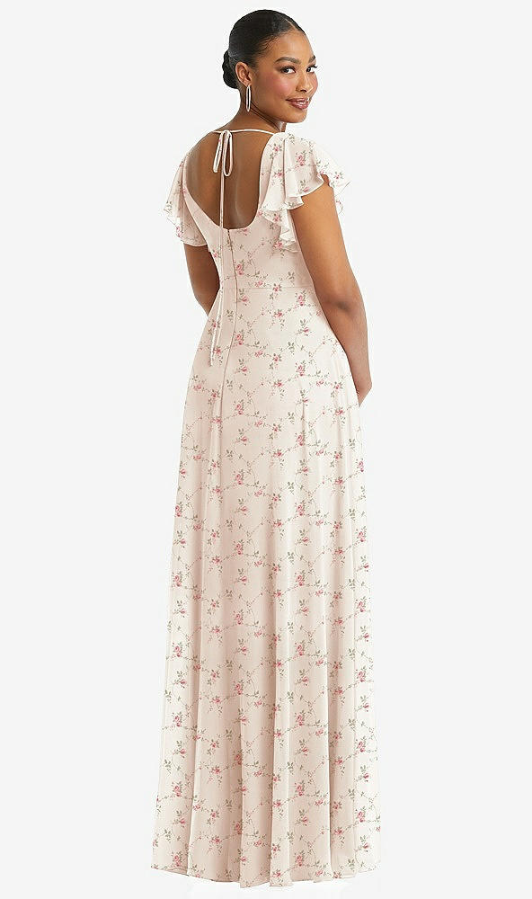 Back View - Coquette Floral Print Flutter Sleeve Scoop Open-Back Chiffon Maxi Dress