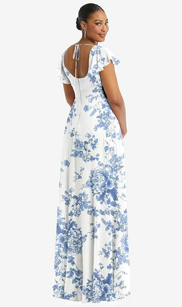 Back View - Cottage Rose Dusk Blue Flutter Sleeve Scoop Open-Back Chiffon Maxi Dress