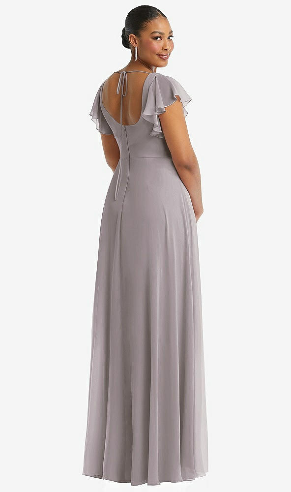 Back View - Cashmere Gray Flutter Sleeve Scoop Open-Back Chiffon Maxi Dress