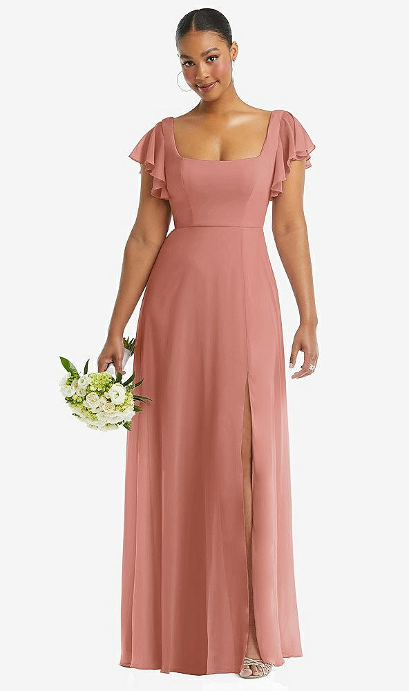 Front View - Desert Rose Flutter Sleeve Scoop Open-Back Chiffon Maxi Dress