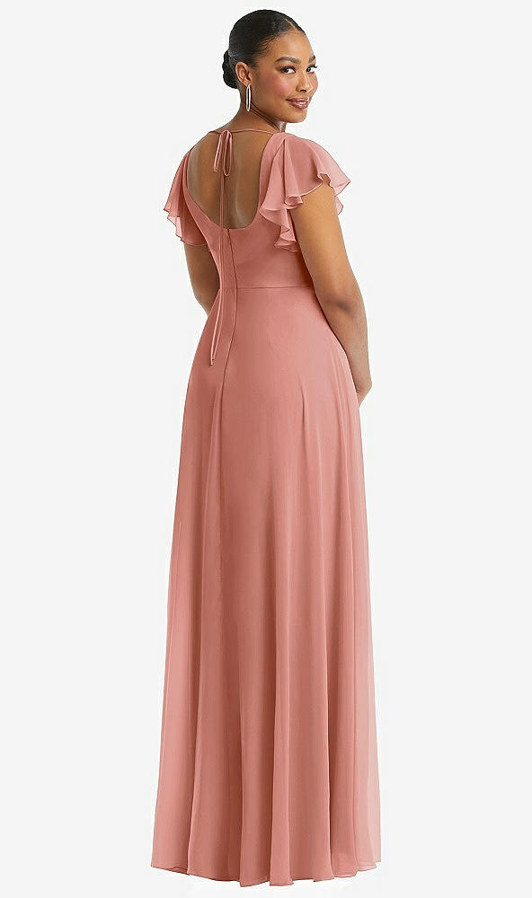 Back View - Desert Rose Flutter Sleeve Scoop Open-Back Chiffon Maxi Dress