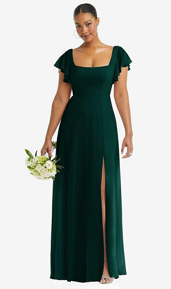 Front View - Evergreen Flutter Sleeve Scoop Open-Back Chiffon Maxi Dress