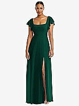 Alt View 1 Thumbnail - Hunter Green Flutter Sleeve Scoop Open-Back Chiffon Maxi Dress