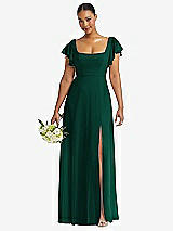 Front View Thumbnail - Hunter Green Flutter Sleeve Scoop Open-Back Chiffon Maxi Dress