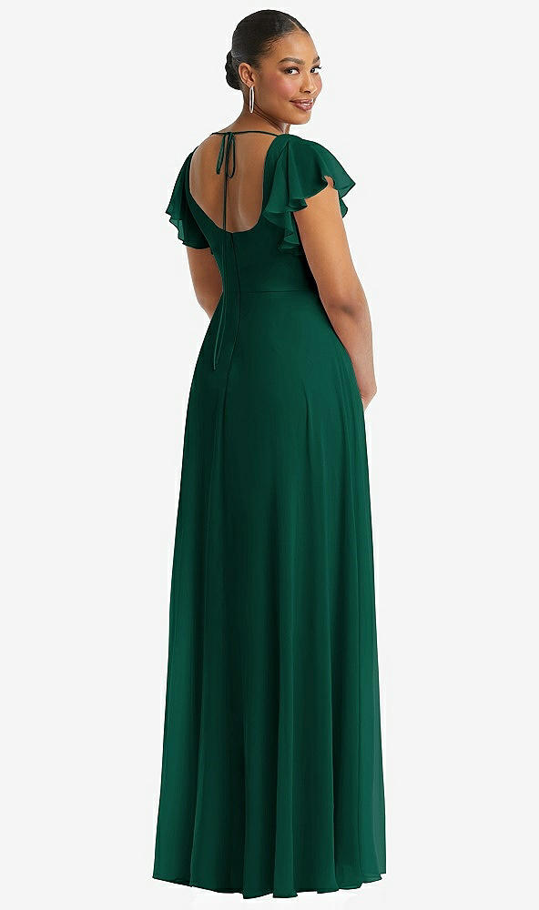 Back View - Hunter Green Flutter Sleeve Scoop Open-Back Chiffon Maxi Dress