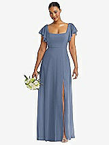 Front View Thumbnail - Larkspur Blue Flutter Sleeve Scoop Open-Back Chiffon Maxi Dress