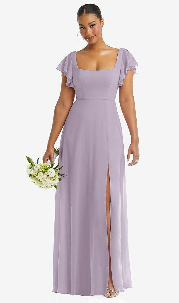 Front View - Lilac Haze Flutter Sleeve Scoop Open-Back Chiffon Maxi Dress