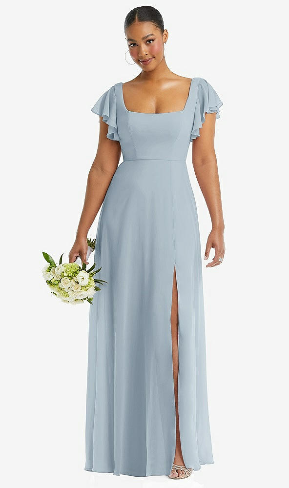 Front View - Mist Flutter Sleeve Scoop Open-Back Chiffon Maxi Dress