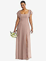 Front View Thumbnail - Neu Nude Flutter Sleeve Scoop Open-Back Chiffon Maxi Dress