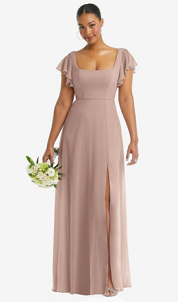 Front View - Neu Nude Flutter Sleeve Scoop Open-Back Chiffon Maxi Dress