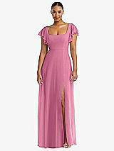 Alt View 1 Thumbnail - Orchid Pink Flutter Sleeve Scoop Open-Back Chiffon Maxi Dress