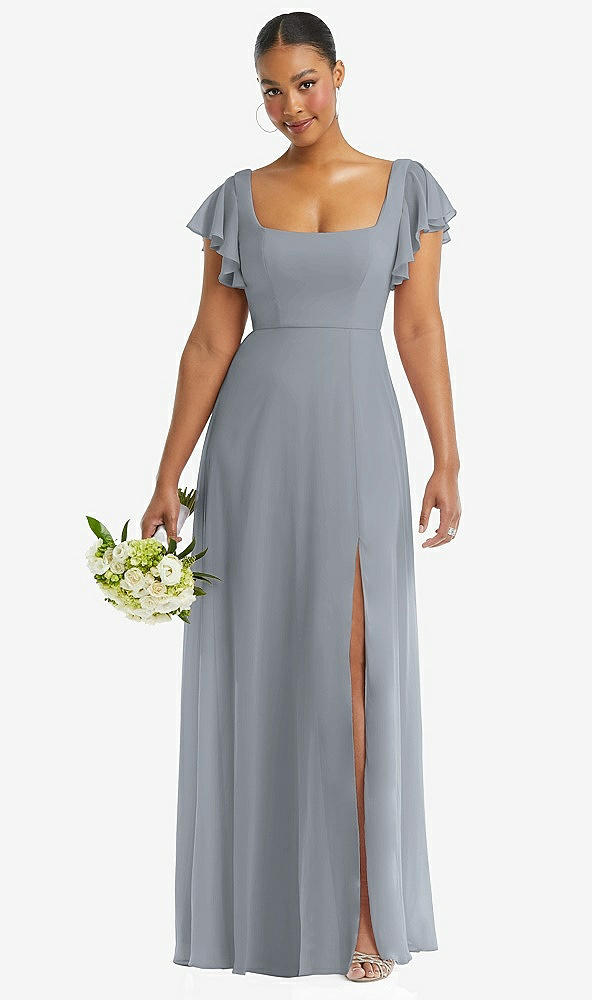 Front View - Platinum Flutter Sleeve Scoop Open-Back Chiffon Maxi Dress