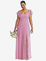 Front View Thumbnail - Powder Pink Flutter Sleeve Scoop Open-Back Chiffon Maxi Dress