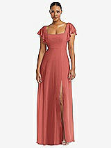 Alt View 1 Thumbnail - Coral Pink Flutter Sleeve Scoop Open-Back Chiffon Maxi Dress