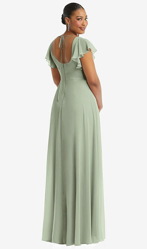 Back View - Sage Flutter Sleeve Scoop Open-Back Chiffon Maxi Dress