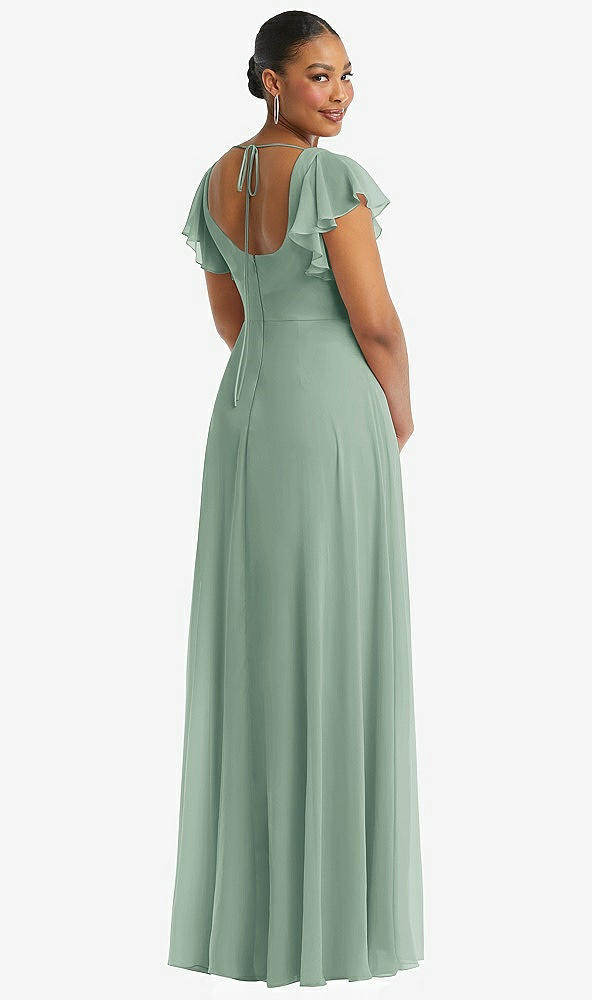 Back View - Seagrass Flutter Sleeve Scoop Open-Back Chiffon Maxi Dress