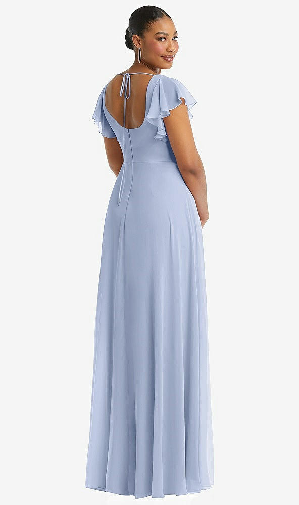 Back View - Sky Blue Flutter Sleeve Scoop Open-Back Chiffon Maxi Dress