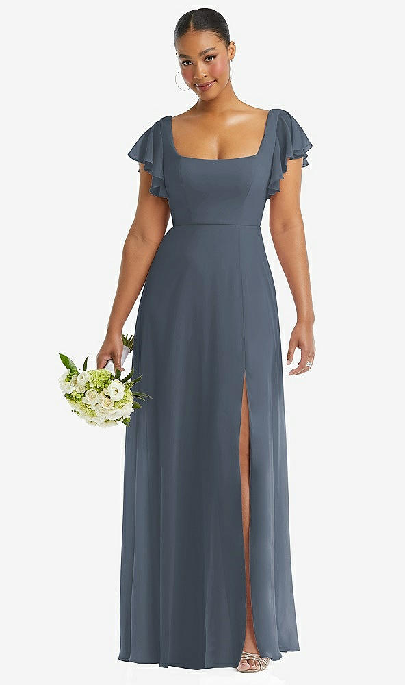 Front View - Silverstone Flutter Sleeve Scoop Open-Back Chiffon Maxi Dress