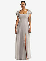 Alt View 1 Thumbnail - Taupe Flutter Sleeve Scoop Open-Back Chiffon Maxi Dress