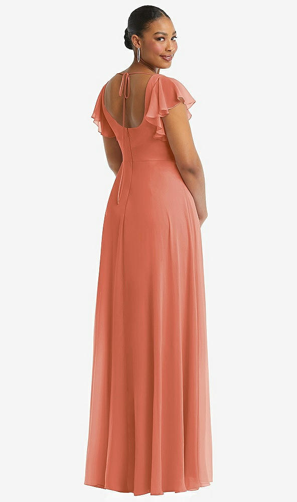 Back View - Terracotta Copper Flutter Sleeve Scoop Open-Back Chiffon Maxi Dress