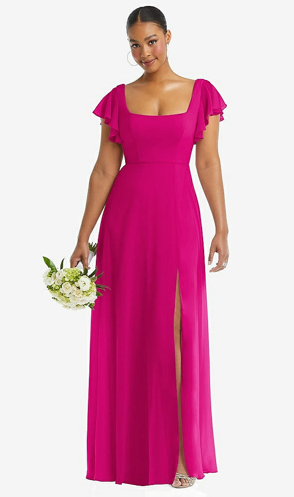 Front View - Think Pink Flutter Sleeve Scoop Open-Back Chiffon Maxi Dress