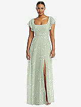 Alt View 1 Thumbnail - Vintage Primrose Sage Flutter Sleeve Scoop Open-Back Chiffon Maxi Dress