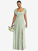 Front View Thumbnail - Vintage Primrose Sage Flutter Sleeve Scoop Open-Back Chiffon Maxi Dress