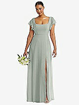 Front View Thumbnail - Willow Green Flutter Sleeve Scoop Open-Back Chiffon Maxi Dress