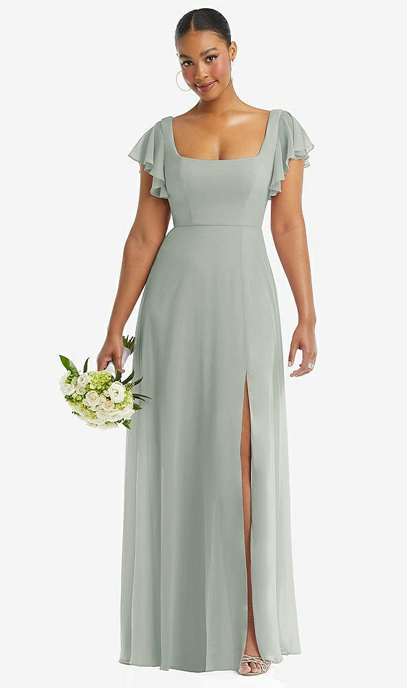 Front View - Willow Green Flutter Sleeve Scoop Open-Back Chiffon Maxi Dress