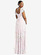 Rear View Thumbnail - Watercolor Print Flutter Sleeve Scoop Open-Back Chiffon Maxi Dress