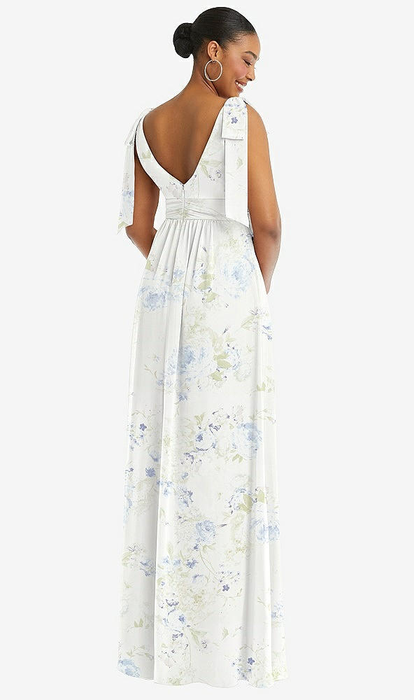 Back View - Bleu Garden Plunge Neckline Bow Shoulder Empire Waist Chiffon Maxi Dress