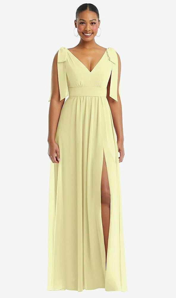 Front View - Butter Yellow Plunge Neckline Bow Shoulder Empire Waist Chiffon Maxi Dress