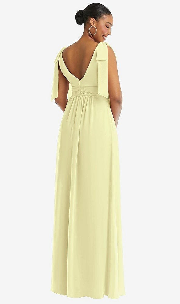 Back View - Butter Yellow Plunge Neckline Bow Shoulder Empire Waist Chiffon Maxi Dress