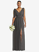 Alt View 1 Thumbnail - Caviar Gray Plunge Neckline Bow Shoulder Empire Waist Chiffon Maxi Dress