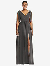 Front View Thumbnail - Caviar Gray Plunge Neckline Bow Shoulder Empire Waist Chiffon Maxi Dress