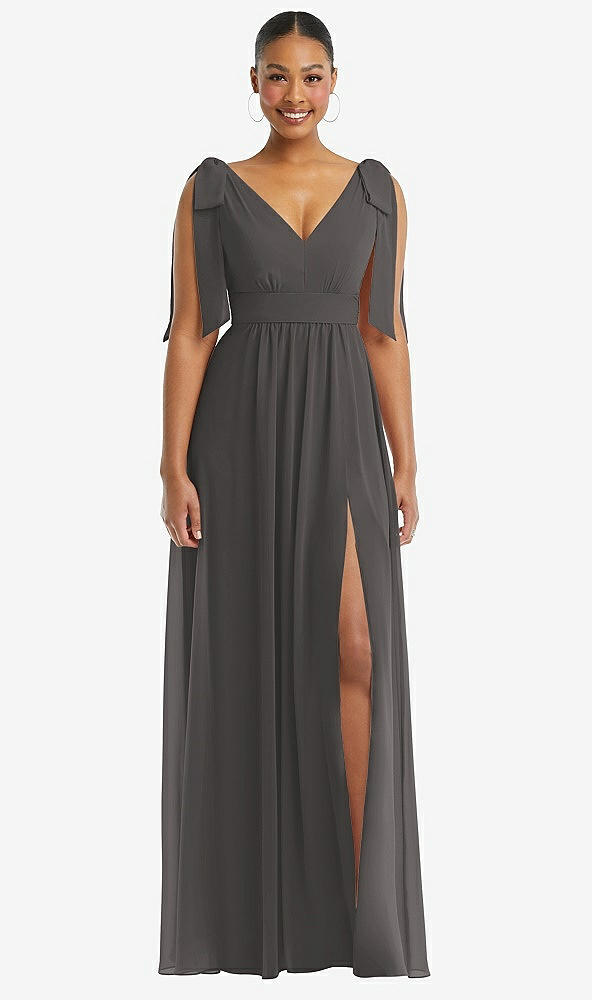 Front View - Caviar Gray Plunge Neckline Bow Shoulder Empire Waist Chiffon Maxi Dress