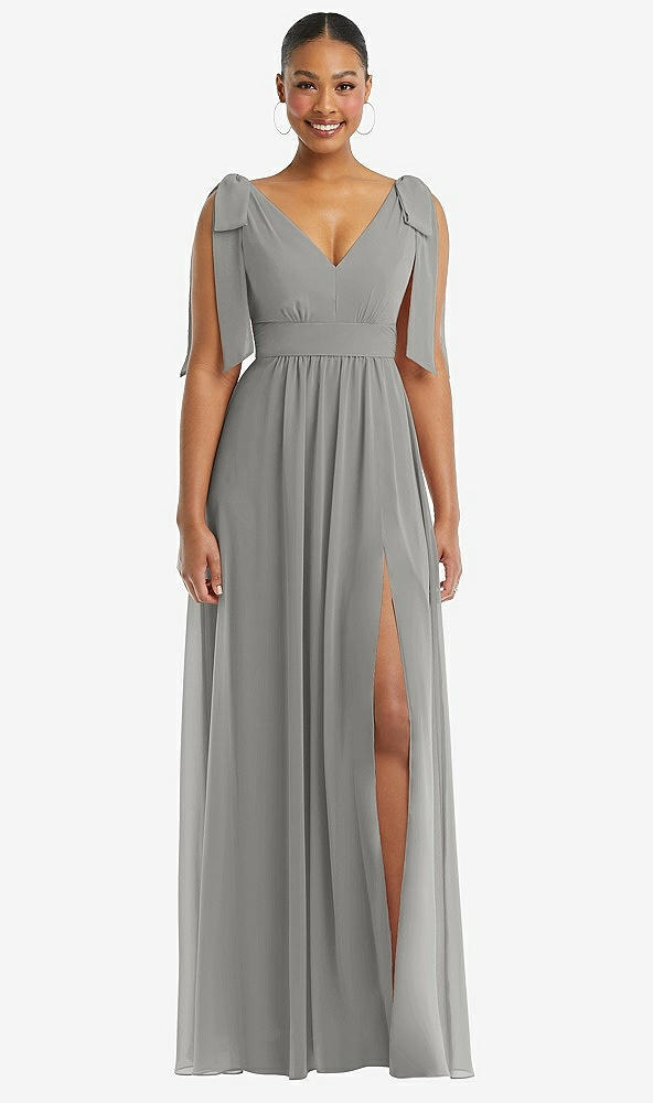 Front View - Chelsea Gray Plunge Neckline Bow Shoulder Empire Waist Chiffon Maxi Dress