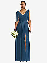 Alt View 1 Thumbnail - Dusk Blue Plunge Neckline Bow Shoulder Empire Waist Chiffon Maxi Dress