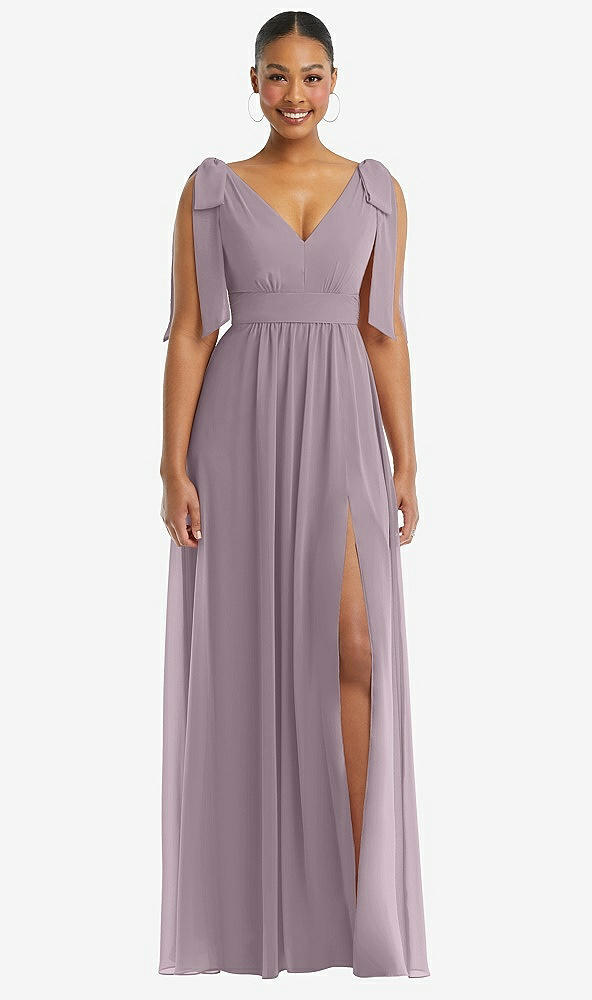 Front View - Lilac Dusk Plunge Neckline Bow Shoulder Empire Waist Chiffon Maxi Dress