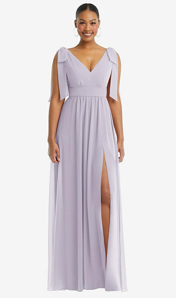 Front View - Moondance Plunge Neckline Bow Shoulder Empire Waist Chiffon Maxi Dress