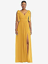 Front View Thumbnail - NYC Yellow Plunge Neckline Bow Shoulder Empire Waist Chiffon Maxi Dress