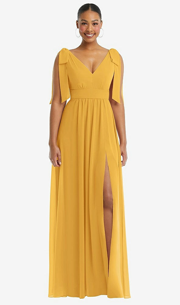 Front View - NYC Yellow Plunge Neckline Bow Shoulder Empire Waist Chiffon Maxi Dress