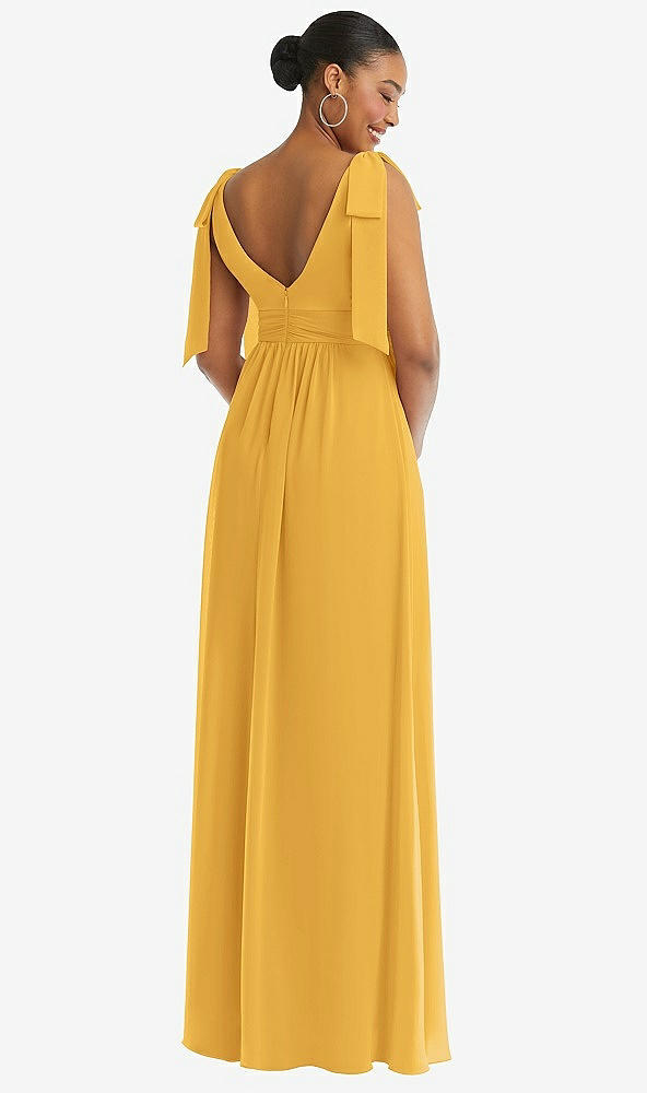 Back View - NYC Yellow Plunge Neckline Bow Shoulder Empire Waist Chiffon Maxi Dress