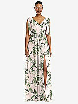 Front View Thumbnail - Palm Beach Print Plunge Neckline Bow Shoulder Empire Waist Chiffon Maxi Dress