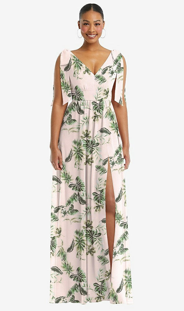 Front View - Palm Beach Print Plunge Neckline Bow Shoulder Empire Waist Chiffon Maxi Dress